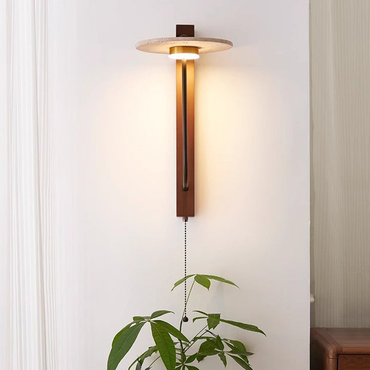 Traditional Vintage Solid Wood Column Travertine Round Shade LED Wall Sconce Lamp For Living Room