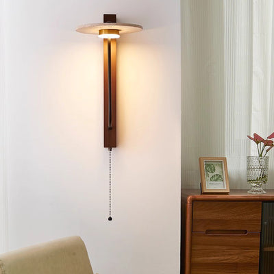 Traditional Vintage Solid Wood Column Travertine Round Shade LED Wall Sconce Lamp For Living Room
