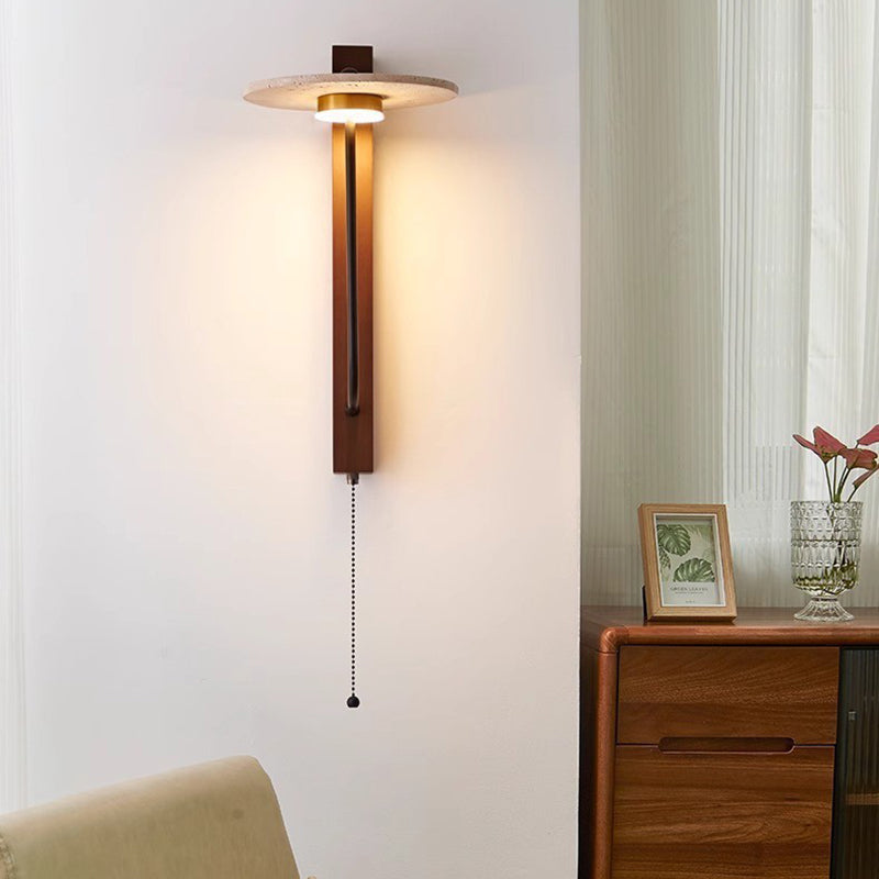 Traditional Vintage Solid Wood Column Travertine Round Shade LED Wall Sconce Lamp For Living Room