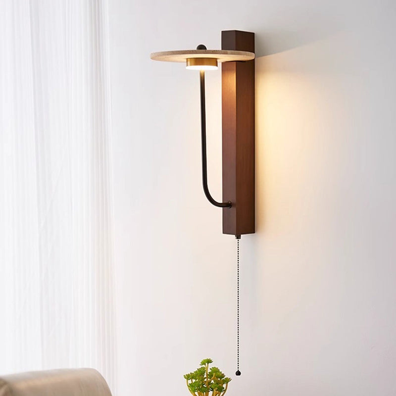 Traditional Vintage Solid Wood Column Travertine Round Shade LED Wall Sconce Lamp For Living Room