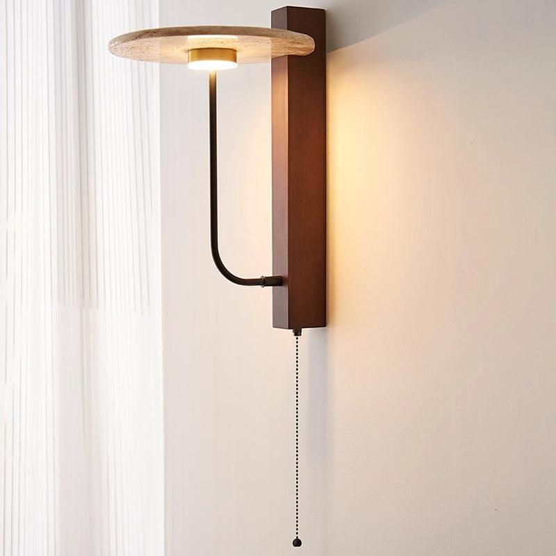 Traditional Vintage Solid Wood Column Travertine Round Shade LED Wall Sconce Lamp For Living Room