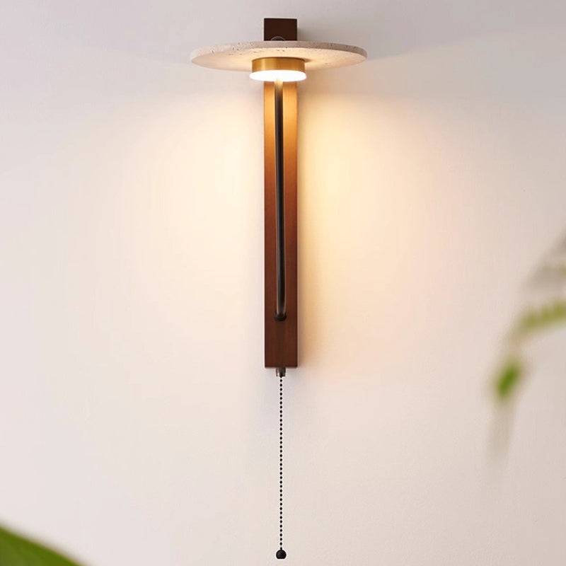 Traditional Vintage Solid Wood Column Travertine Round Shade LED Wall Sconce Lamp For Living Room