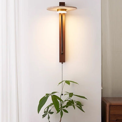 Traditional Vintage Solid Wood Column Travertine Round Shade LED Wall Sconce Lamp For Living Room