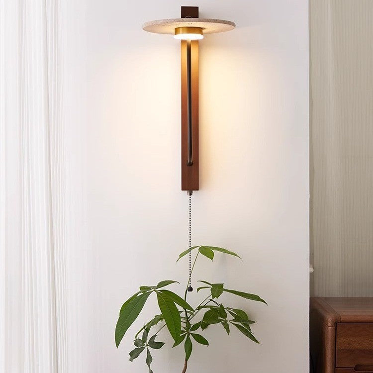Traditional Vintage Solid Wood Column Travertine Round Shade LED Wall Sconce Lamp For Living Room
