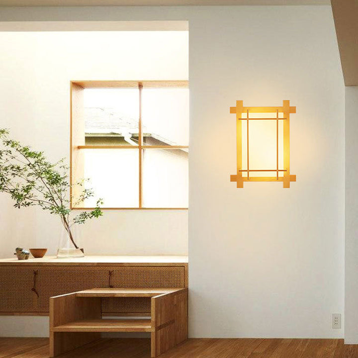 Traditional Japanese Rectangular Solid Wood Frame Faux Parchment Shade 2-Light Wall Sconce Lamp For Bedroom