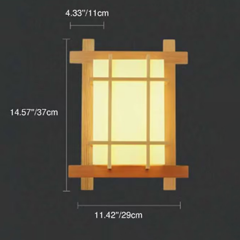 Traditional Japanese Rectangular Solid Wood Frame Faux Parchment Shade 2-Light Wall Sconce Lamp For Bedroom