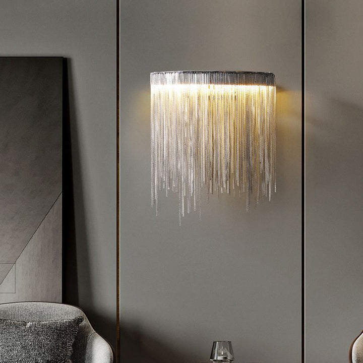 Applique murale LED en arc avec chaîne à pampilles en aluminium inoxydable de luxe contemporain pour salon 