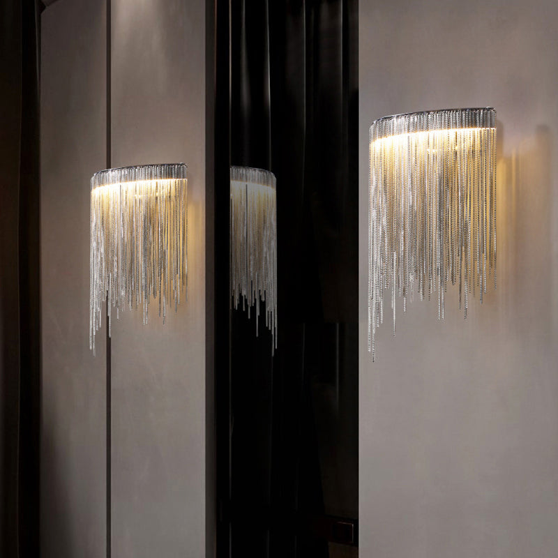 Applique murale LED en arc avec chaîne à pampilles en aluminium inoxydable de luxe contemporain pour salon 