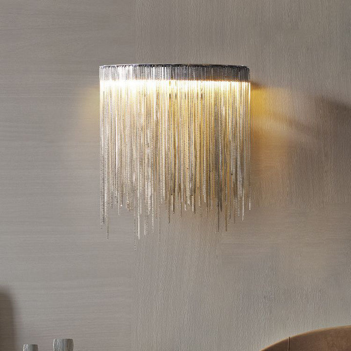 Applique murale LED en arc avec chaîne à pampilles en aluminium inoxydable de luxe contemporain pour salon 