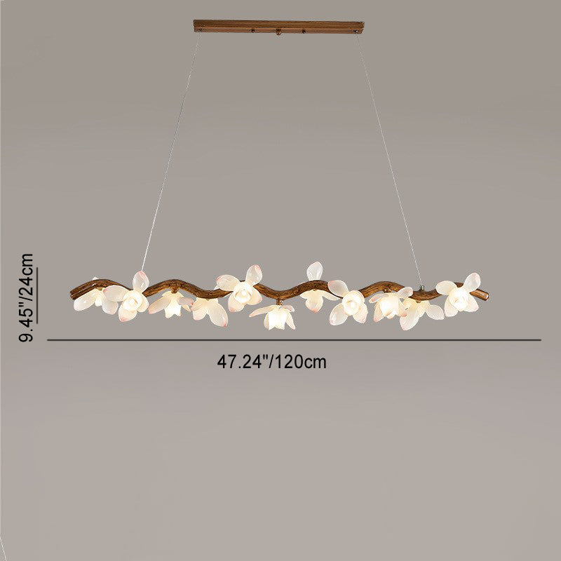 Traditional Vintage Resin Branch Lotus Petal Glass Shade 7/9/11/13-Light Chandelier Island Light For Living Room