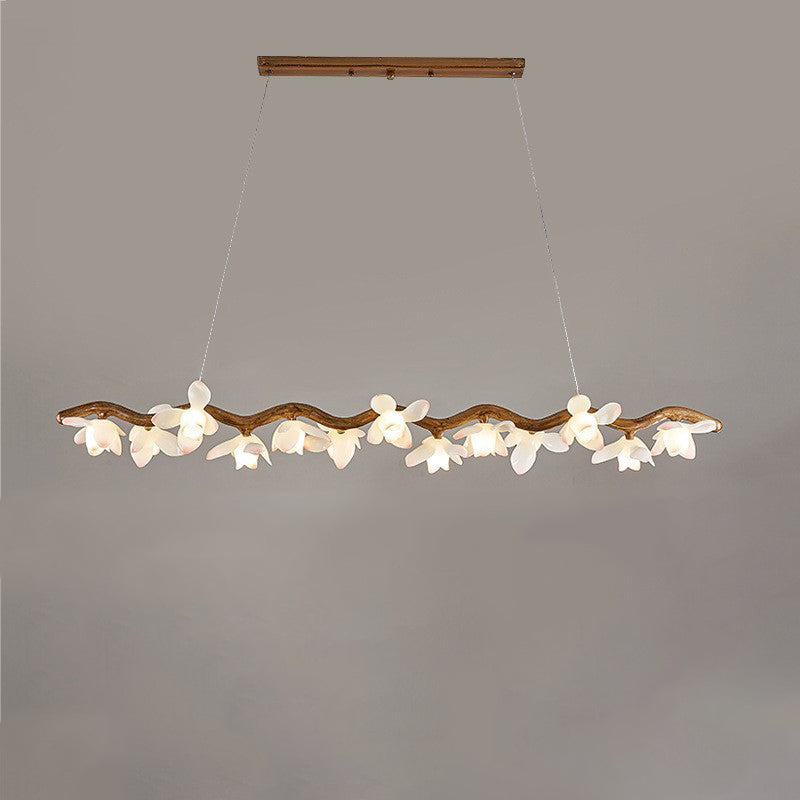 Traditional Vintage Resin Branch Lotus Petal Glass Shade 7/9/11/13-Light Chandelier Island Light For Living Room