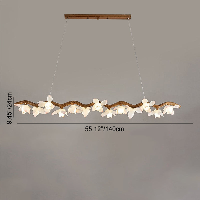 Traditional Vintage Resin Branch Lotus Petal Glass Shade 7/9/11/13-Light Chandelier Island Light For Living Room