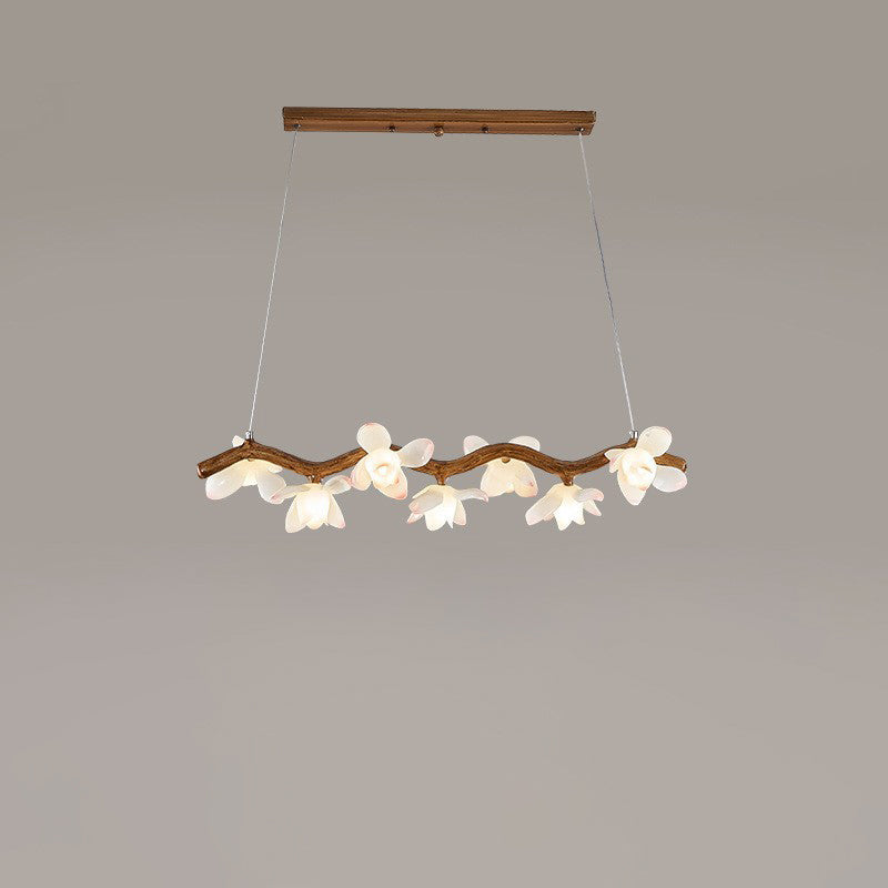 Traditional Vintage Resin Branch Lotus Petal Glass Shade 7/9/11/13-Light Chandelier Island Light For Living Room