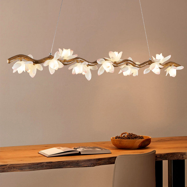 Traditional Vintage Resin Branch Lotus Petal Glass Shade 7/9/11/13-Light Chandelier Island Light For Living Room