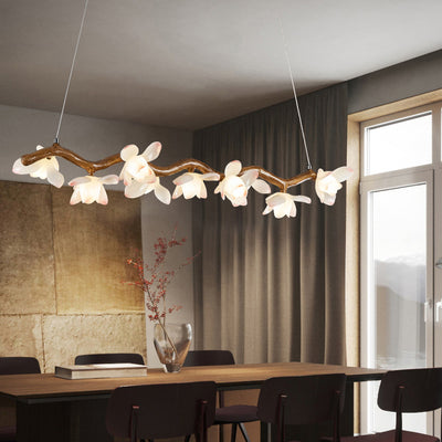 Traditional Vintage Resin Branch Lotus Petal Glass Shade 7/9/11/13-Light Chandelier Island Light For Living Room