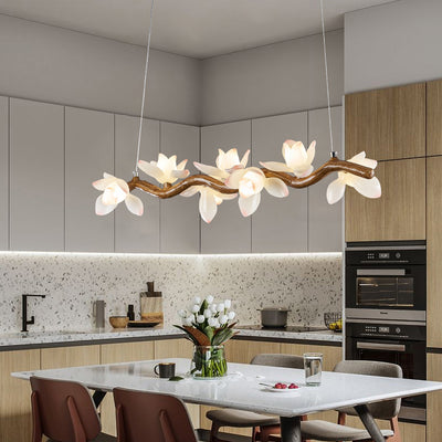 Traditional Vintage Resin Branch Lotus Petal Glass Shade 7/9/11/13-Light Chandelier Island Light For Living Room