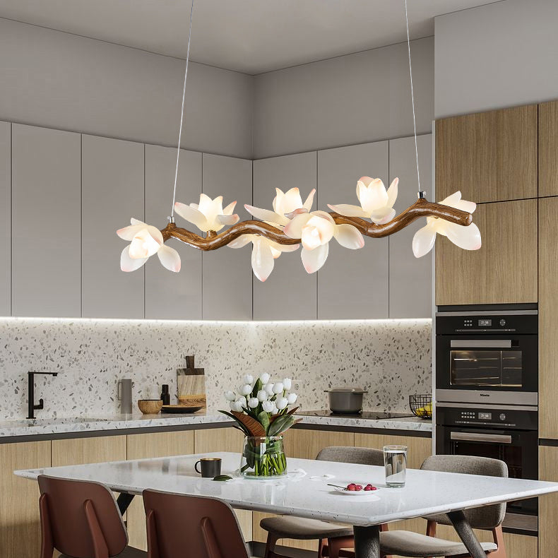 Traditional Vintage Resin Branch Lotus Petal Glass Shade 7/9/11/13-Light Chandelier Island Light For Living Room