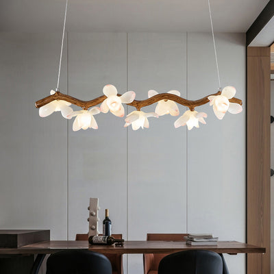 Traditional Vintage Resin Branch Lotus Petal Glass Shade 7/9/11/13-Light Chandelier Island Light For Living Room