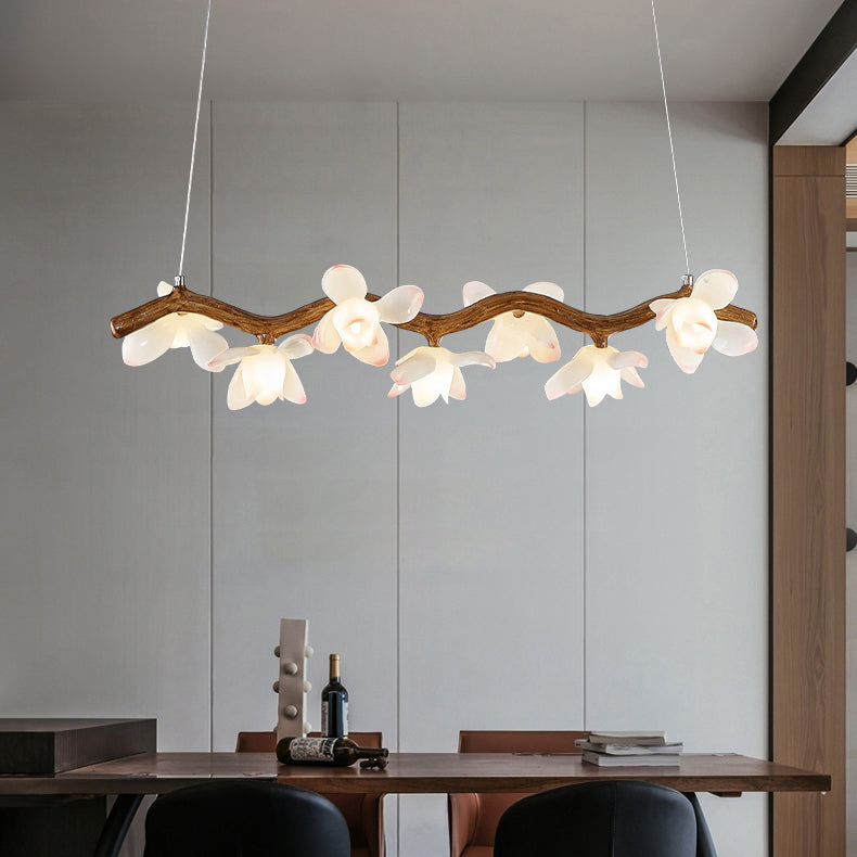 Traditional Vintage Resin Branch Lotus Petal Glass Shade 7/9/11/13-Light Chandelier Island Light For Living Room
