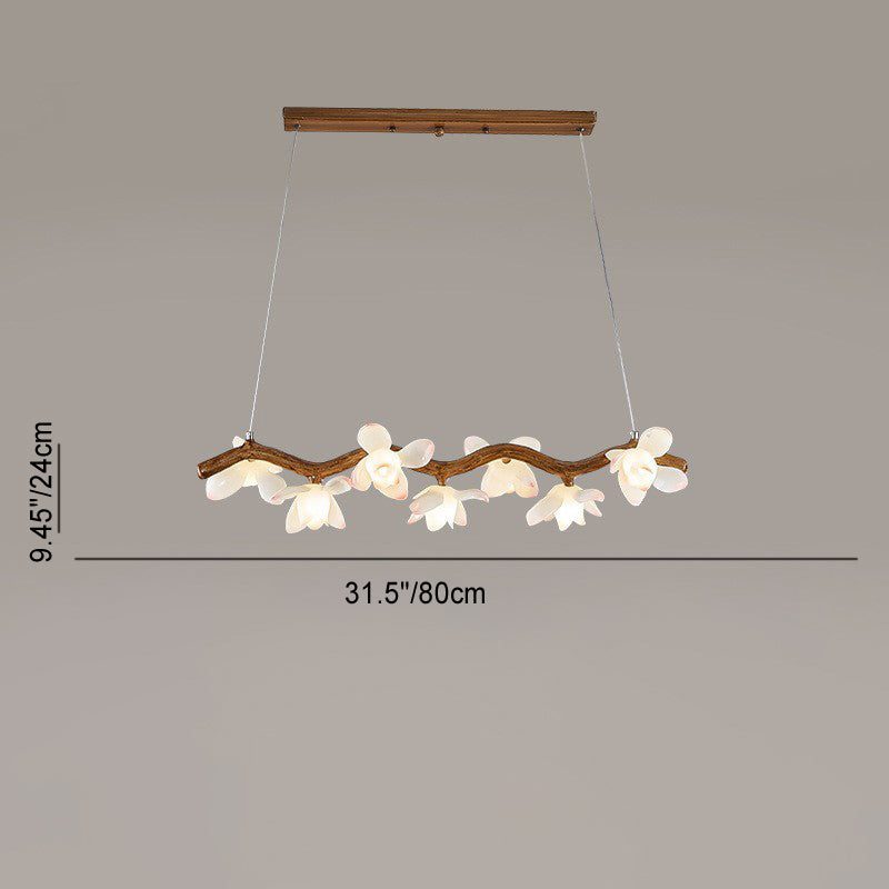 Traditional Vintage Resin Branch Lotus Petal Glass Shade 7/9/11/13-Light Chandelier Island Light For Living Room