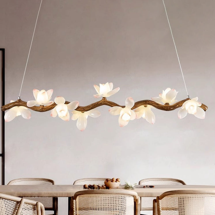 Traditional Vintage Resin Branch Lotus Petal Glass Shade 7/9/11/13-Light Chandelier Island Light For Living Room