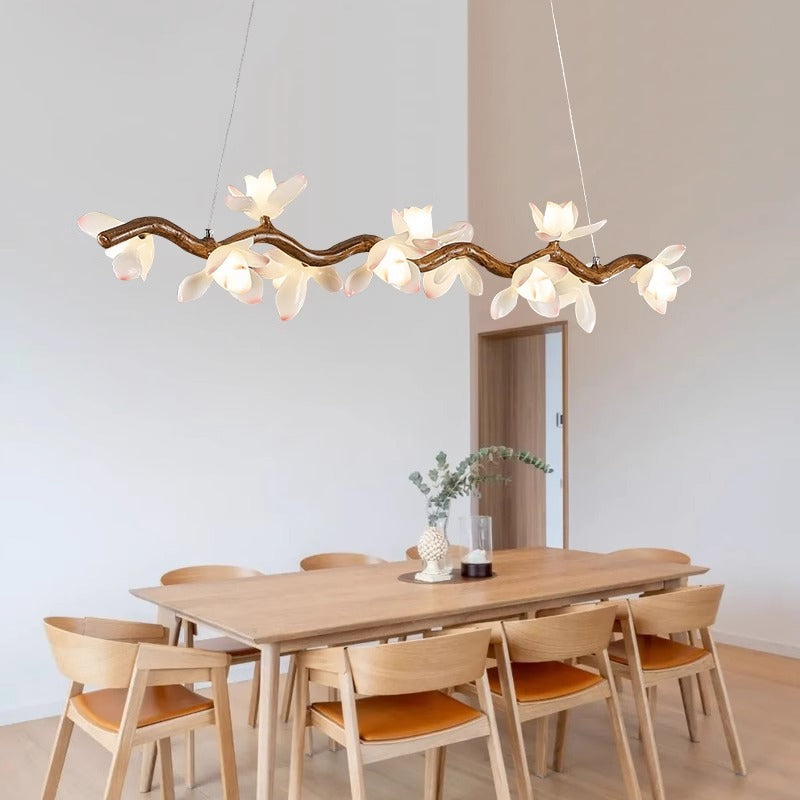 Traditional Vintage Resin Branch Lotus Petal Glass Shade 7/9/11/13-Light Chandelier Island Light For Living Room