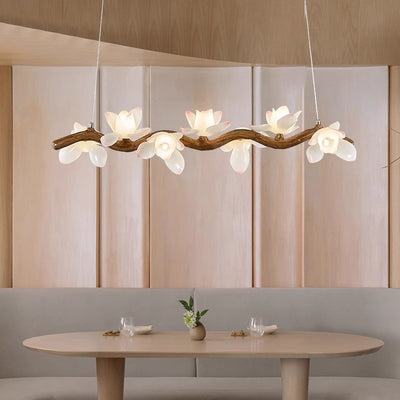 Traditional Vintage Resin Branch Lotus Petal Glass Shade 7/9/11/13-Light Chandelier Island Light For Living Room