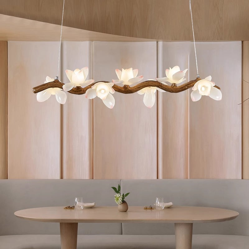 Traditional Vintage Resin Branch Lotus Petal Glass Shade 7/9/11/13-Light Chandelier Island Light For Living Room