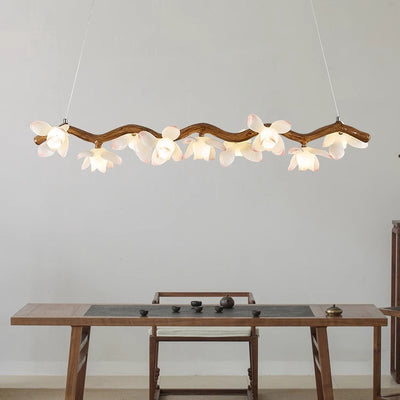 Traditional Vintage Resin Branch Lotus Petal Glass Shade 7/9/11/13-Light Chandelier Island Light For Living Room