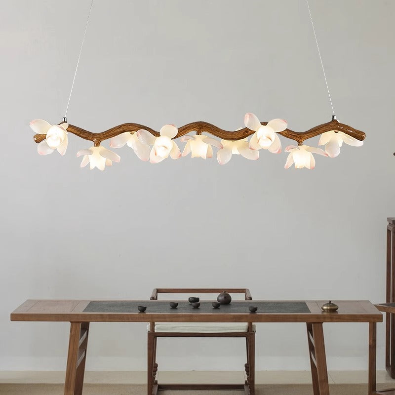 Traditional Vintage Resin Branch Lotus Petal Glass Shade 7/9/11/13-Light Chandelier Island Light For Living Room