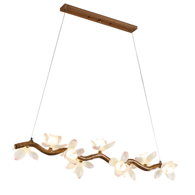 Traditional Vintage Resin Branch Lotus Petal Glass Shade 7/9/11/13-Light Chandelier Island Light For Living Room