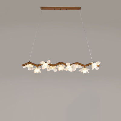 Traditional Vintage Resin Branch Lotus Petal Glass Shade 7/9/11/13-Light Chandelier Island Light For Living Room