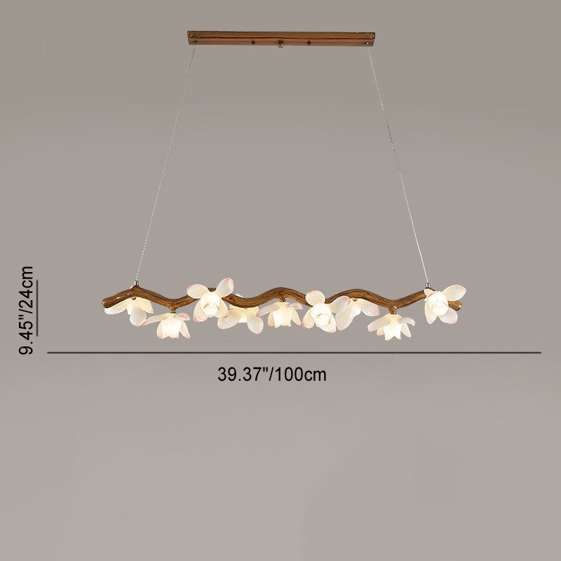 Traditional Vintage Resin Branch Lotus Petal Glass Shade 7/9/11/13-Light Chandelier Island Light For Living Room
