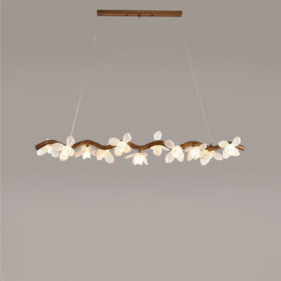 Traditional Vintage Resin Branch Lotus Petal Glass Shade 7/9/11/13-Light Chandelier Island Light For Living Room