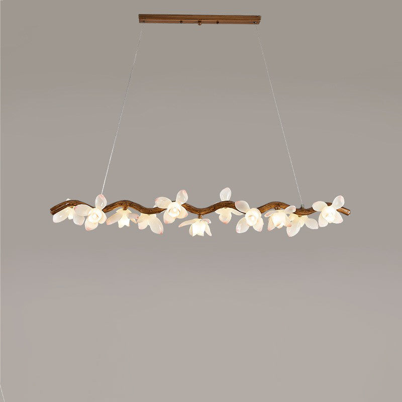 Traditional Vintage Resin Branch Lotus Petal Glass Shade 7/9/11/13-Light Chandelier Island Light For Living Room