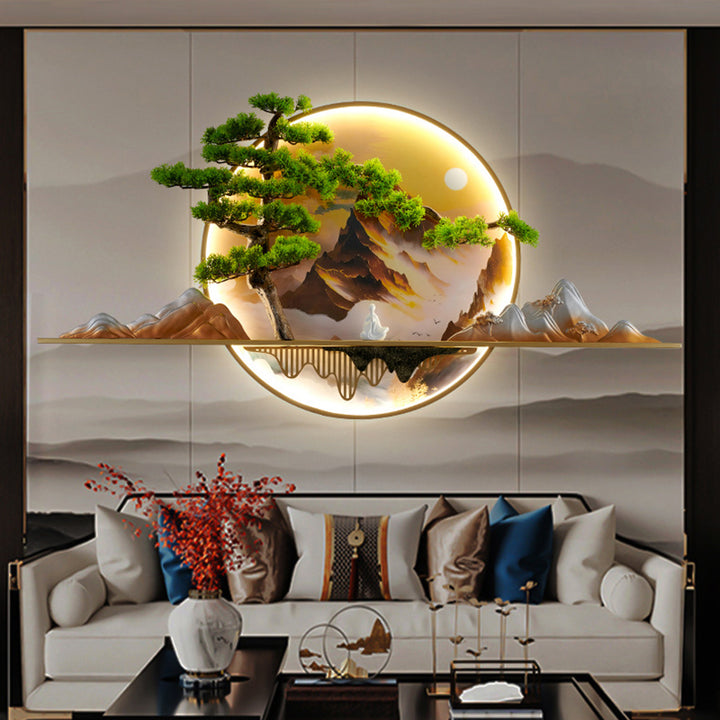 Lámpara de aplique de pared LED redonda de resina de aluminio con pintura de paisaje de pino zen chino contemporáneo para sala de estar 