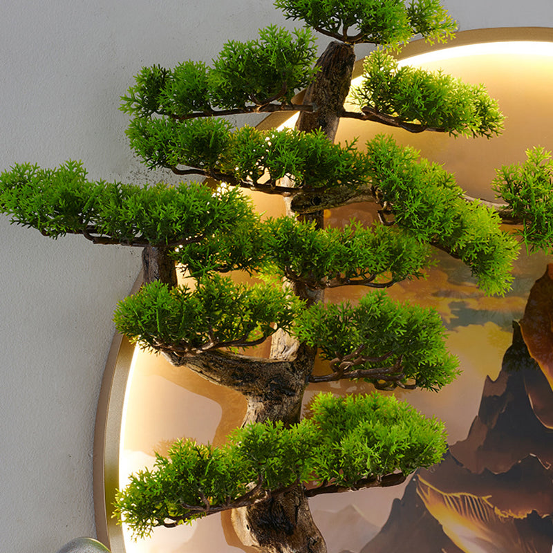 Lámpara de aplique de pared LED redonda de resina de aluminio con pintura de paisaje de pino zen chino contemporáneo para sala de estar 