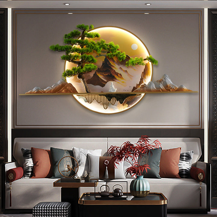 Lámpara de aplique de pared LED redonda de resina de aluminio con pintura de paisaje de pino zen chino contemporáneo para sala de estar 