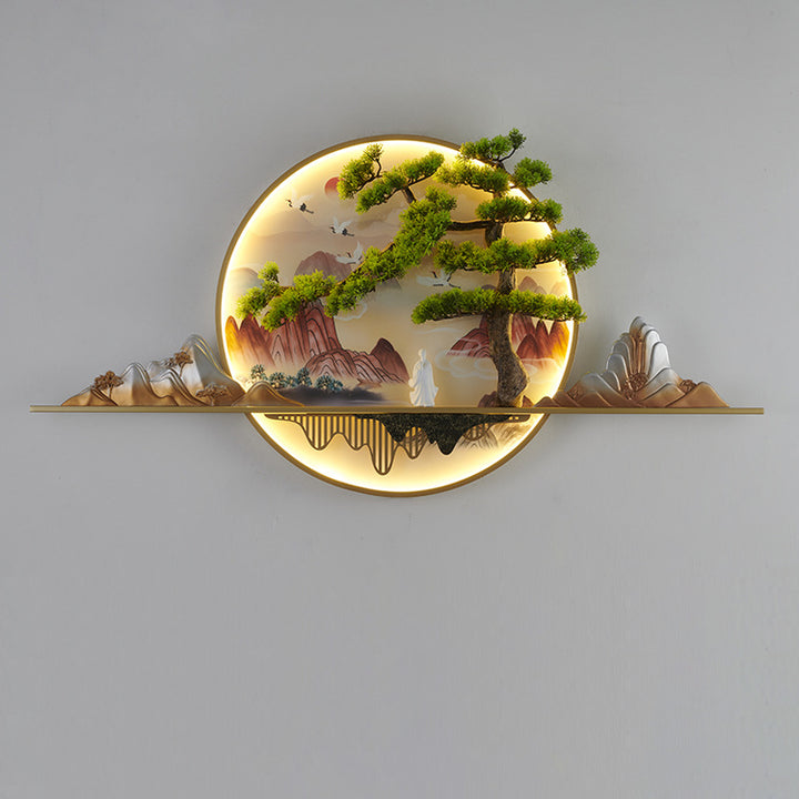 Lámpara de aplique de pared LED redonda de resina de aluminio con pintura de paisaje de pino zen chino contemporáneo para sala de estar 