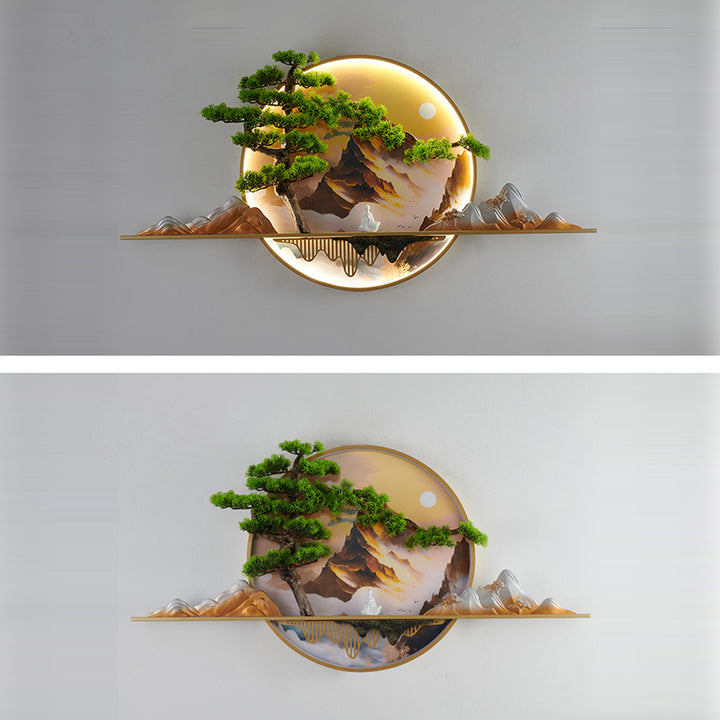 Lámpara de aplique de pared LED redonda de resina de aluminio con pintura de paisaje de pino zen chino contemporáneo para sala de estar 