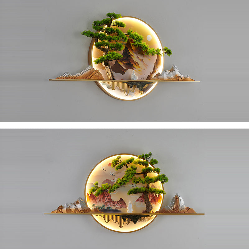 Lámpara de aplique de pared LED redonda de resina de aluminio con pintura de paisaje de pino zen chino contemporáneo para sala de estar 