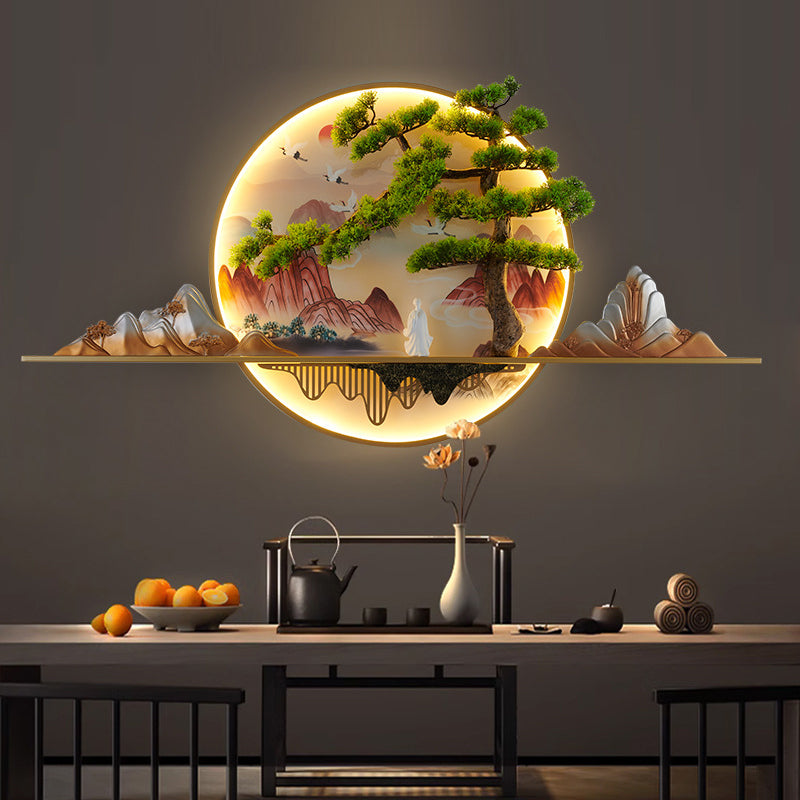 Lámpara de aplique de pared LED redonda de resina de aluminio con pintura de paisaje de pino zen chino contemporáneo para sala de estar 