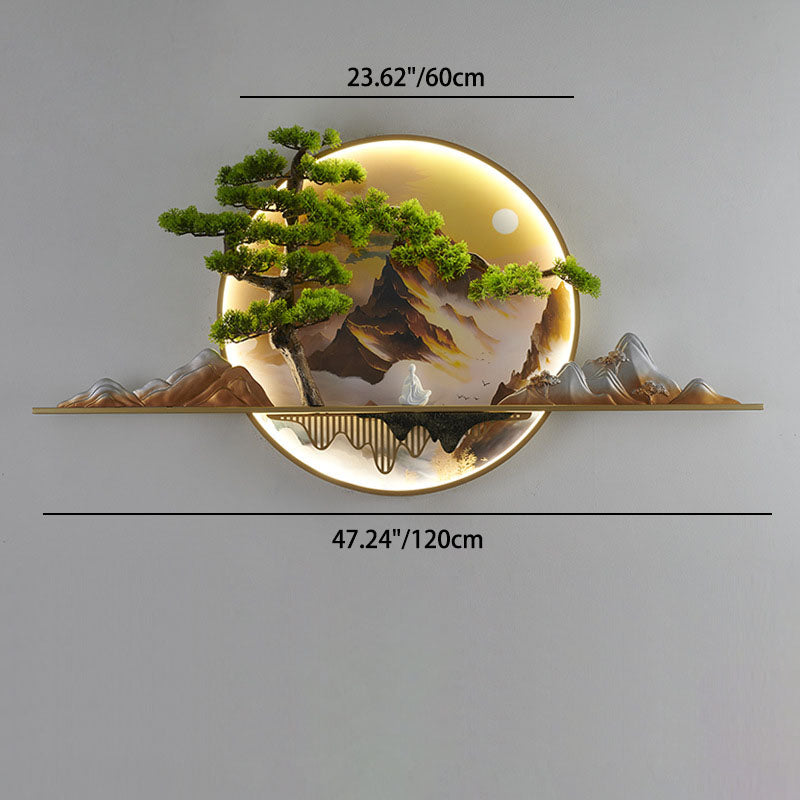 Lámpara de aplique de pared LED redonda de resina de aluminio con pintura de paisaje de pino zen chino contemporáneo para sala de estar 