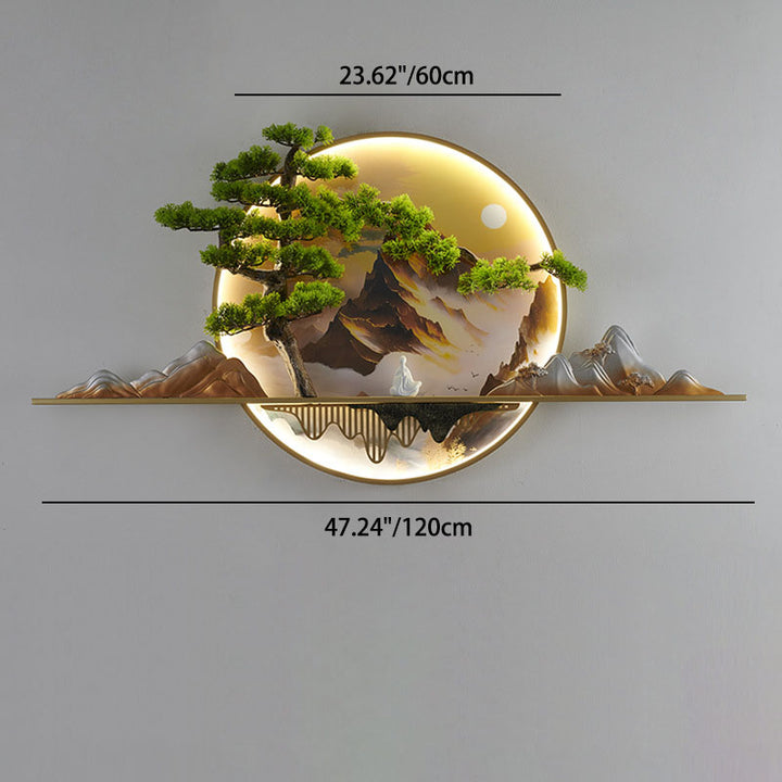 Lámpara de aplique de pared LED redonda de resina de aluminio con pintura de paisaje de pino zen chino contemporáneo para sala de estar 