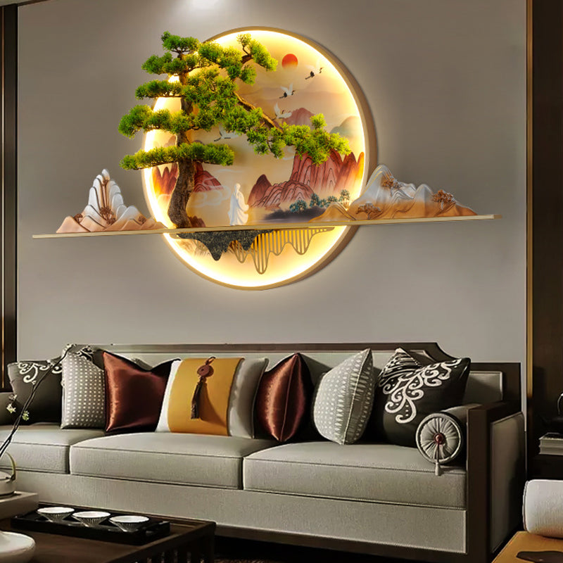 Lámpara de aplique de pared LED redonda de resina de aluminio con pintura de paisaje de pino zen chino contemporáneo para sala de estar 