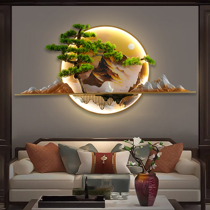 Lámpara de aplique de pared LED redonda de resina de aluminio con pintura de paisaje de pino zen chino contemporáneo para sala de estar 