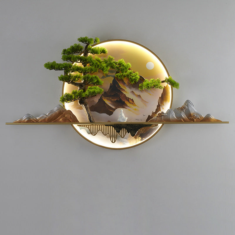 Lámpara de aplique de pared LED redonda de resina de aluminio con pintura de paisaje de pino zen chino contemporáneo para sala de estar 