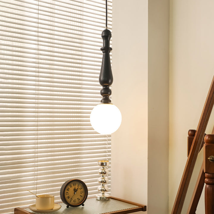 Lámpara colgante de 1 luz para dormitorio con pantalla de bola de vidrio y varilla de madera de fresno francesa tradicional 