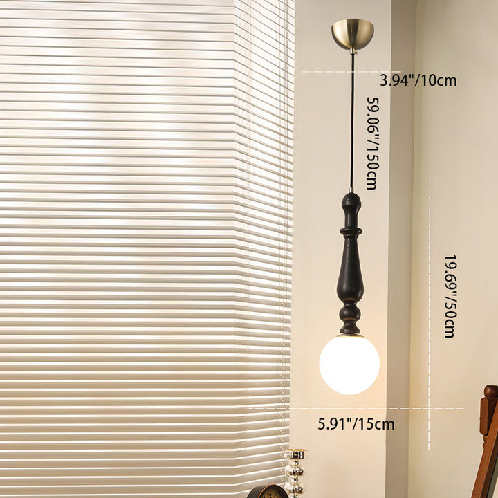 Lámpara colgante de 1 luz para dormitorio con pantalla de bola de vidrio y varilla de madera de fresno francesa tradicional 