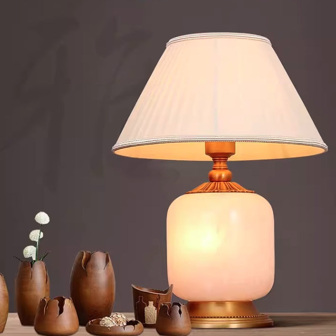 Moderne Luxus Stoffschirm Marmor Zylinderbasis 1-Licht Tischlampe für das Schlafzimmer 